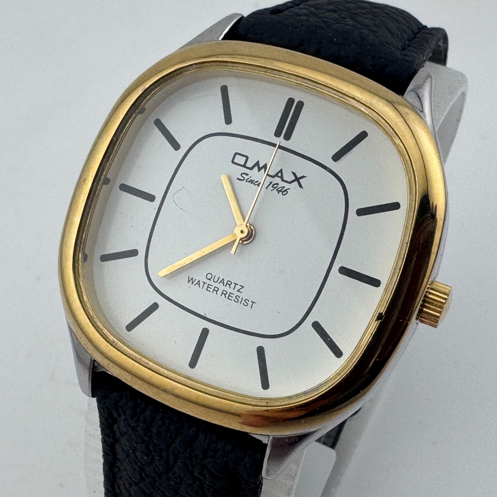 Omax Quartz Watch Men Dual Tone Square Barrel Leather Japan Analog New Battery