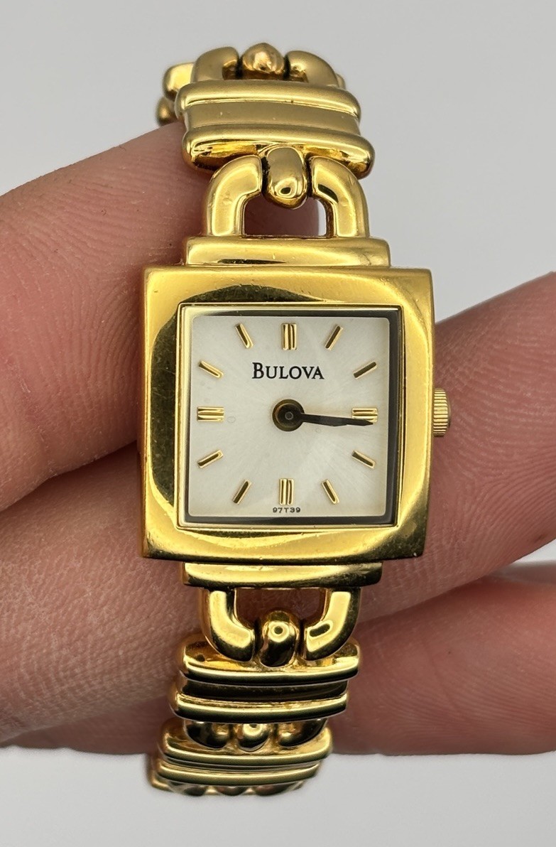 Bulova Watch Women 18mm Gold Tone 97T39 Square Silver Dial #8.4