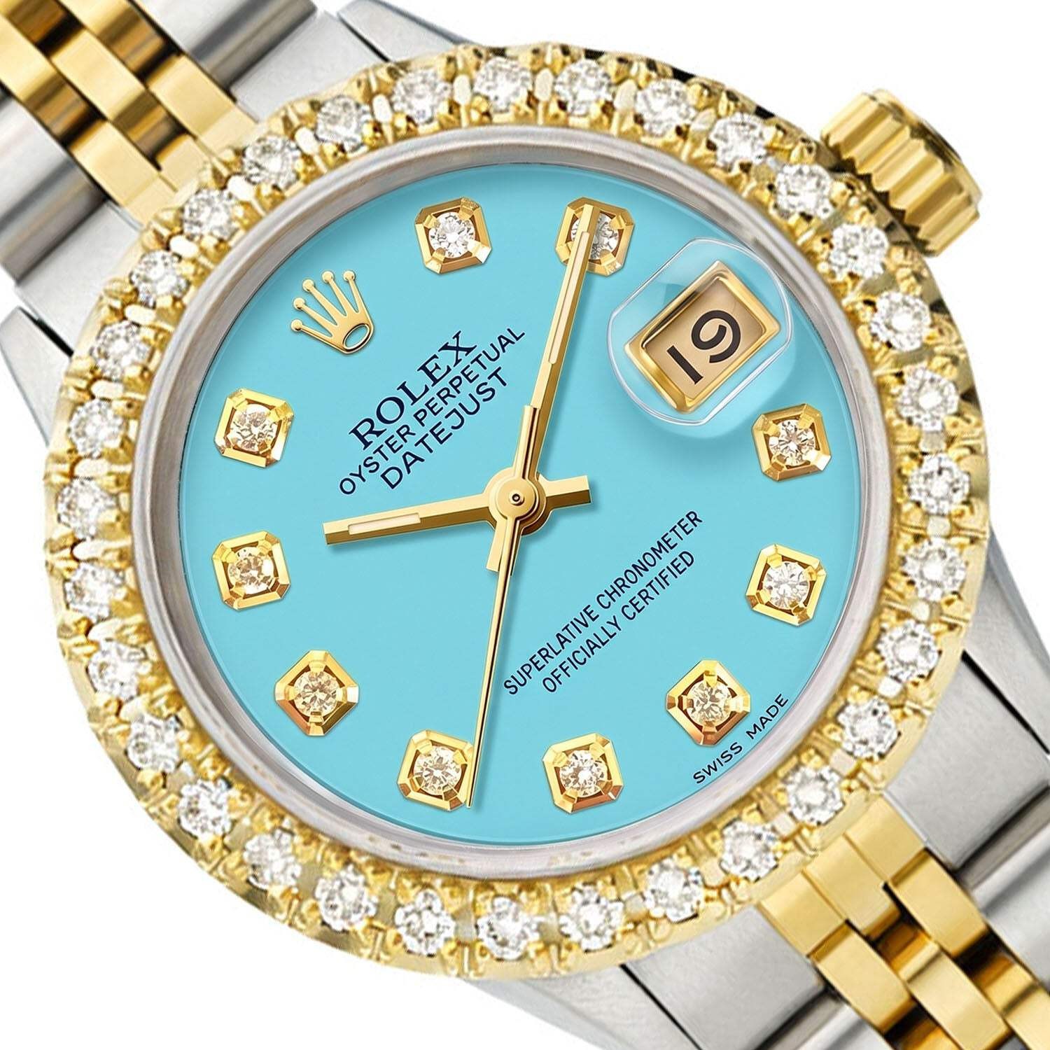 26mm Rolex Datejust 1617 Diamond Bezel Turquoise Dial Steel Women’s Watch