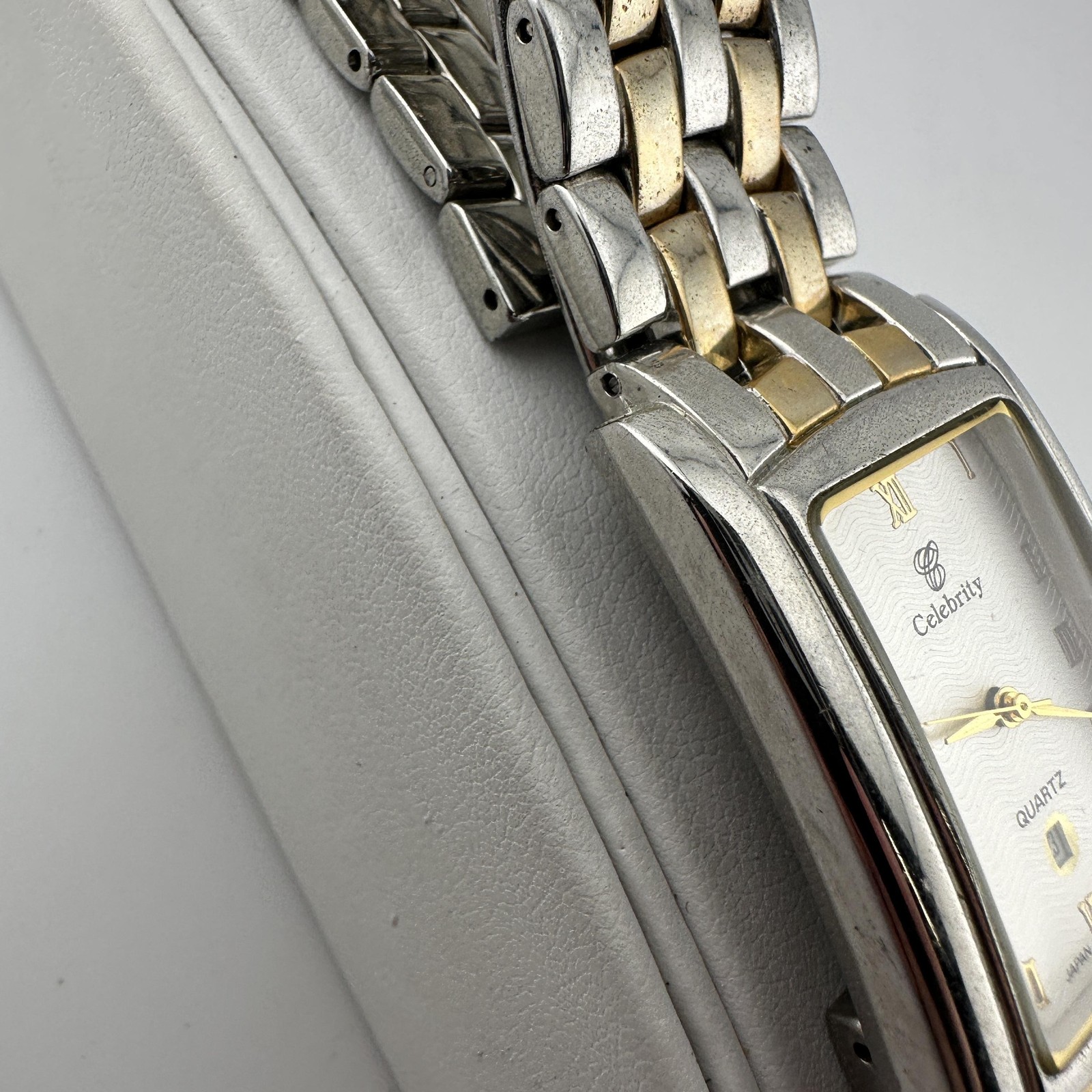 Celebrity Quartz Watch Rectangular Tank Two-Tone Roman Numeral Date Japan Movt