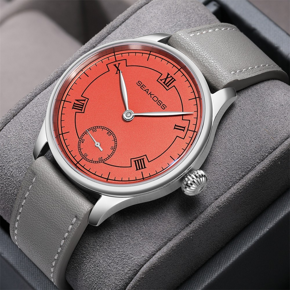 SEAKOSS Manual Wind Mechanical Watch Orange Roman Dial Small Seconds Gray Leathe