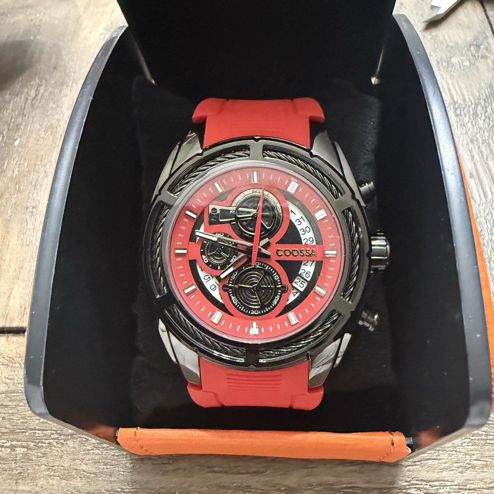 COOSSA ORIGINAL Men’s Chronograph Watch 48MM Black Case Red Silicone Band 30M WR