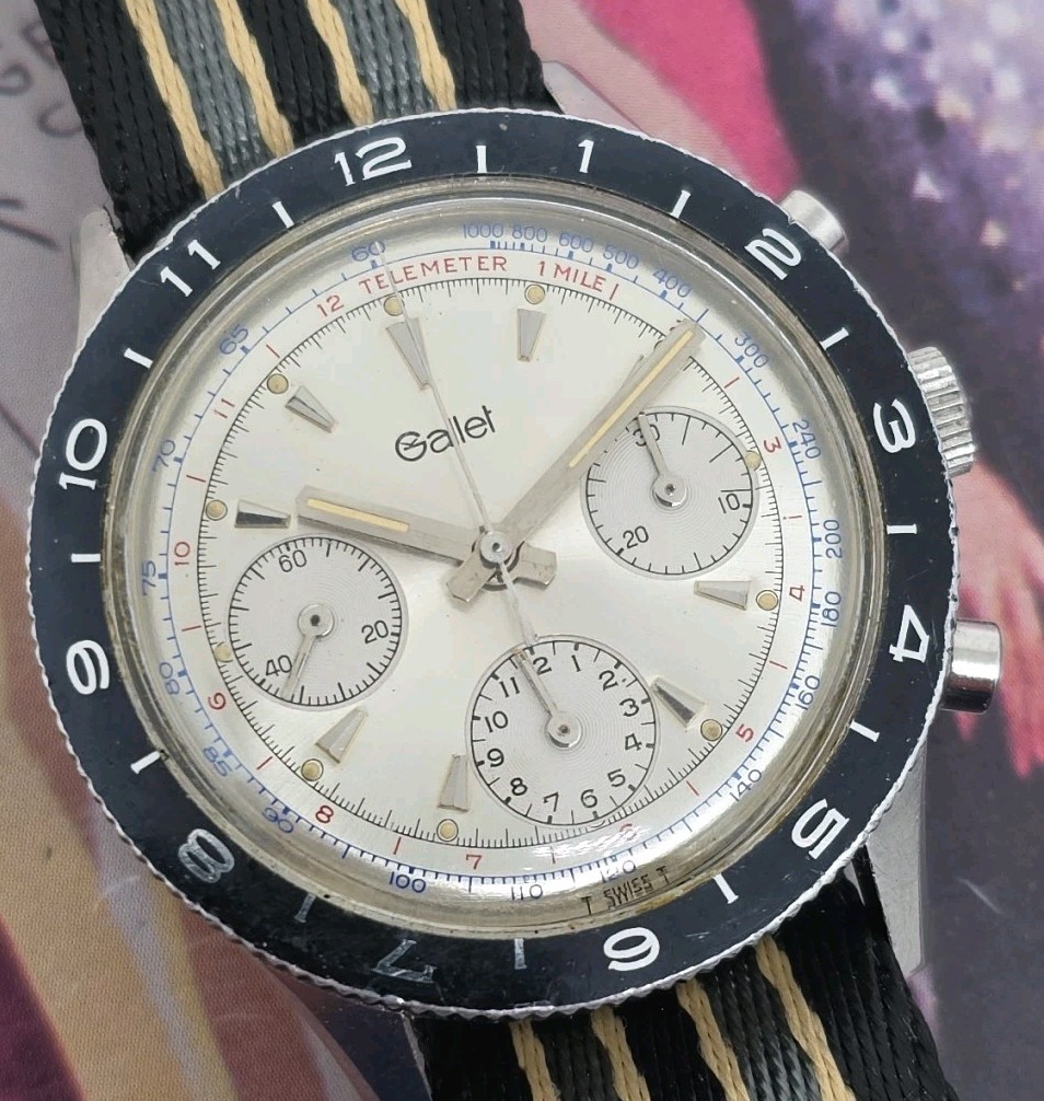Vintage Gallet MultiChron Pilot Chronograph Stainless Steel Valjoux 72