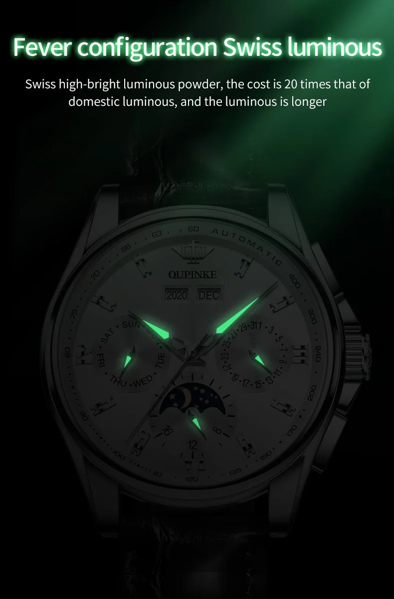Automatic Mechanical Watch Waterproof Moon Phase Luxury Dial Men Men’s Strap