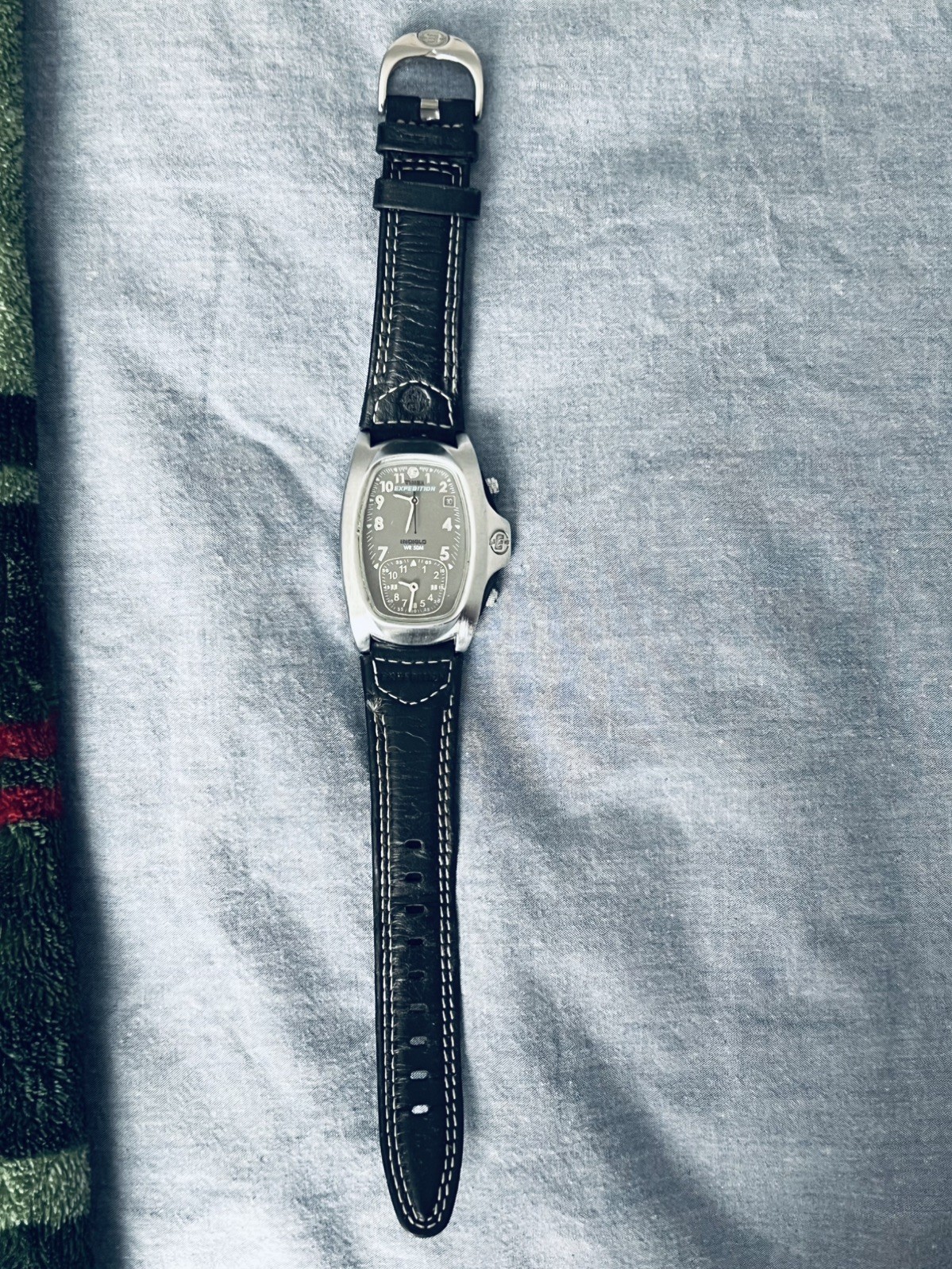 RARE Vintage Timex Expedition Dual Time Indiglo Watch Black Leather Band WR 50 M