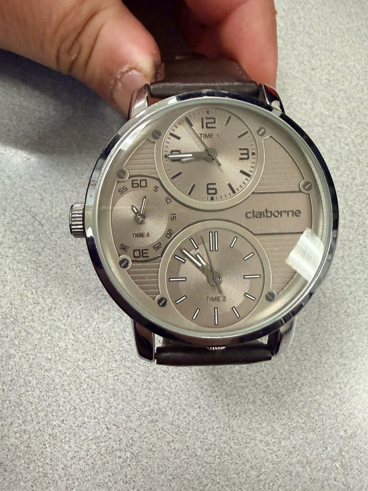 Men’s Liz Claiborne Triple Time Zone Watch, , Brown Leather Band, 50 Mm
