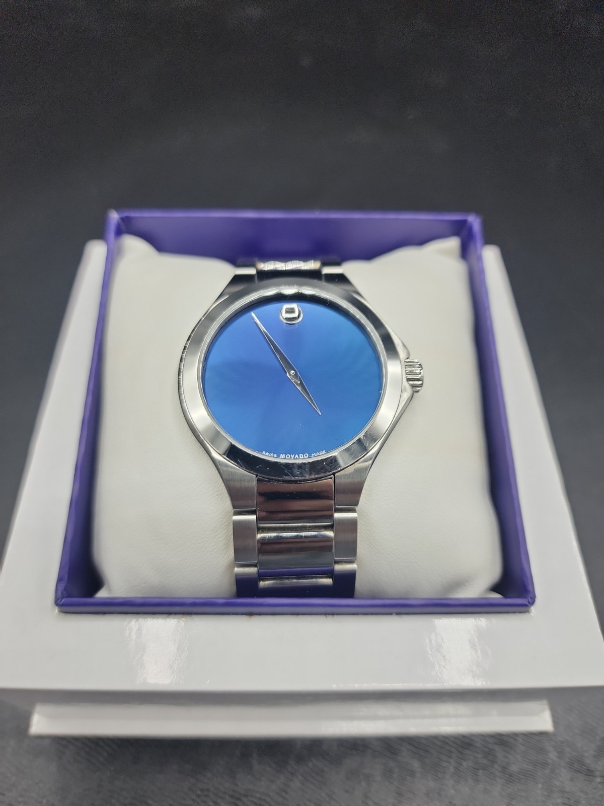 Movado Stainless Steel Defio Men’s Blue Museum Dial Dress Watch new battery