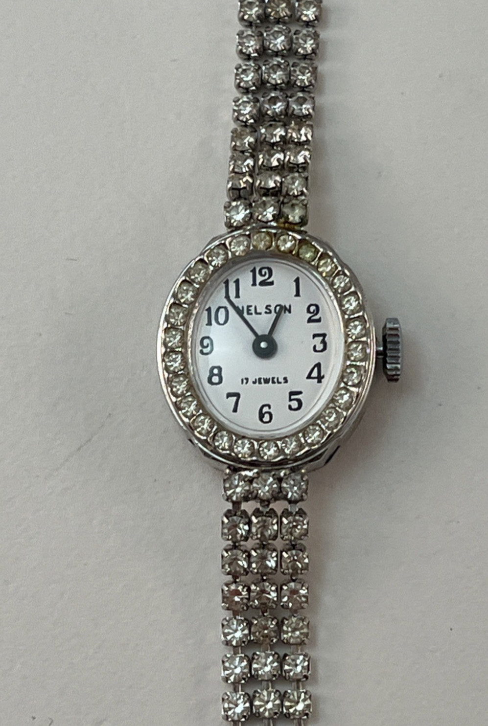 Vintage NELSON Ladies Silver Tone Rhinestone Bracelet Watch 17 Jewels READ