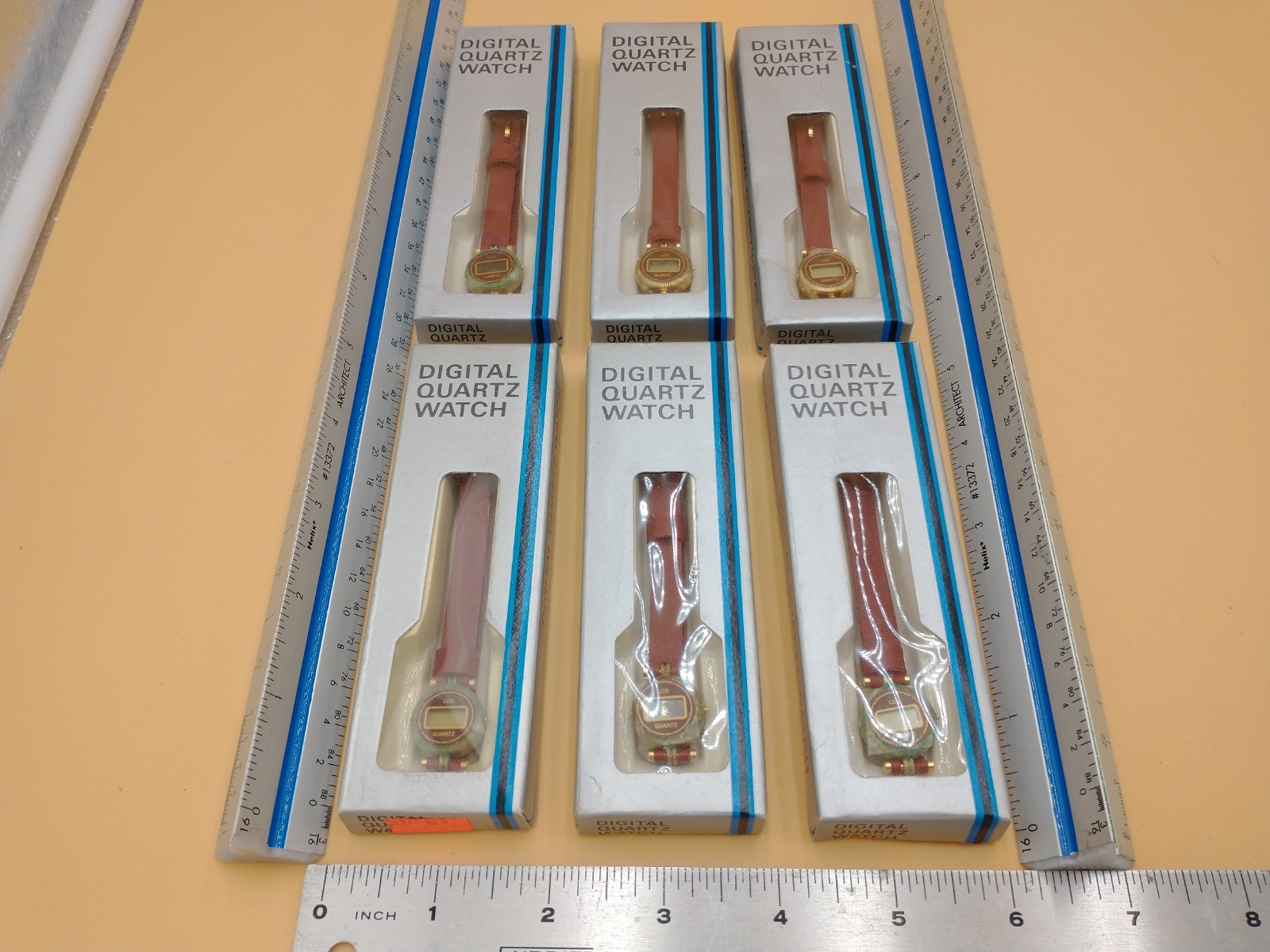 Lot of 6 Vtg Digital Quartz Watches. Hong Kong. Original Boxes. Dark Red #2055