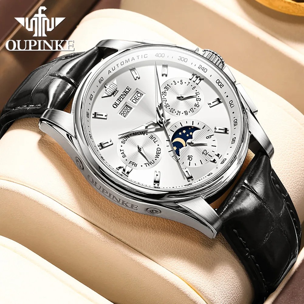 Automatic Mechanical Watch Waterproof Moon Phase Luxury Dial Men Men’s Strap