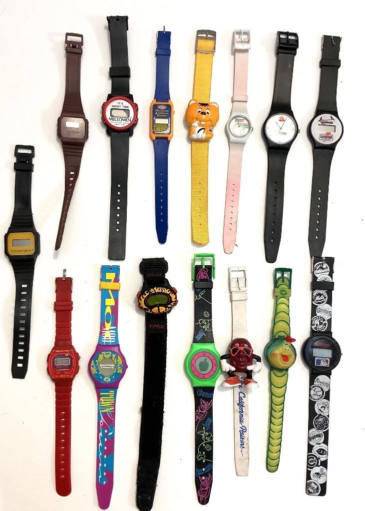 15 1980s-90s VINTAGE NOVELTY ADVERTISING MOVIE-FOOD-GAMES PROMO WRIST WATCH LOT