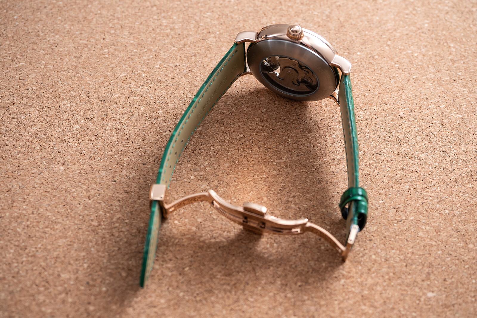 Mens Dual Time Automatic Mechanical Skeleton Watch Rose Gold Green Leather