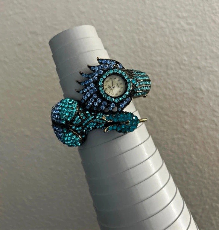 Peacock Bangle Cuff Quartz Watch Hinged Bracelet Black Onyx Eye Stones Bling