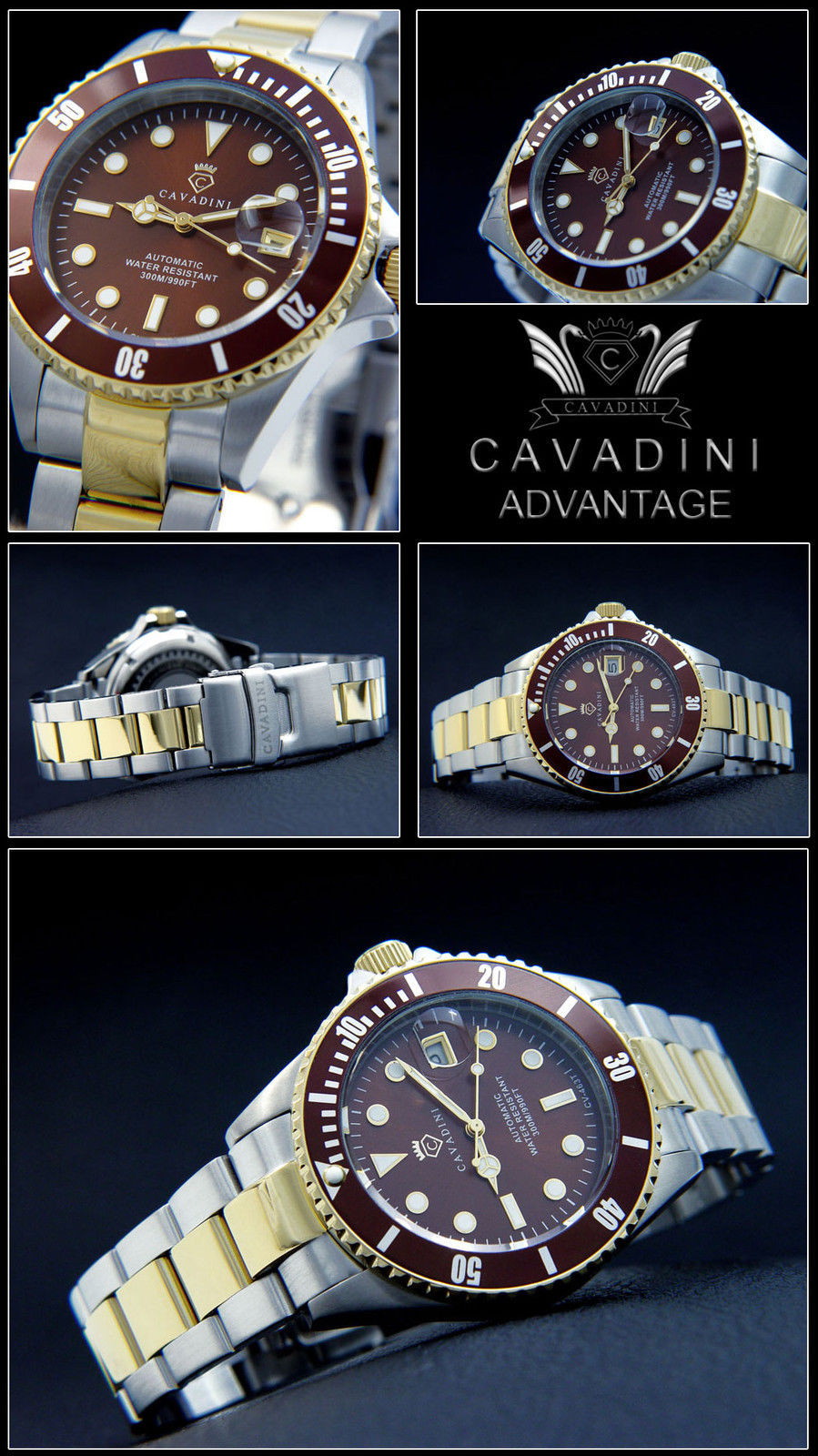 Mens Automatic Watch Cavadini 30 BAR 45mm Bicolor Brown Steel