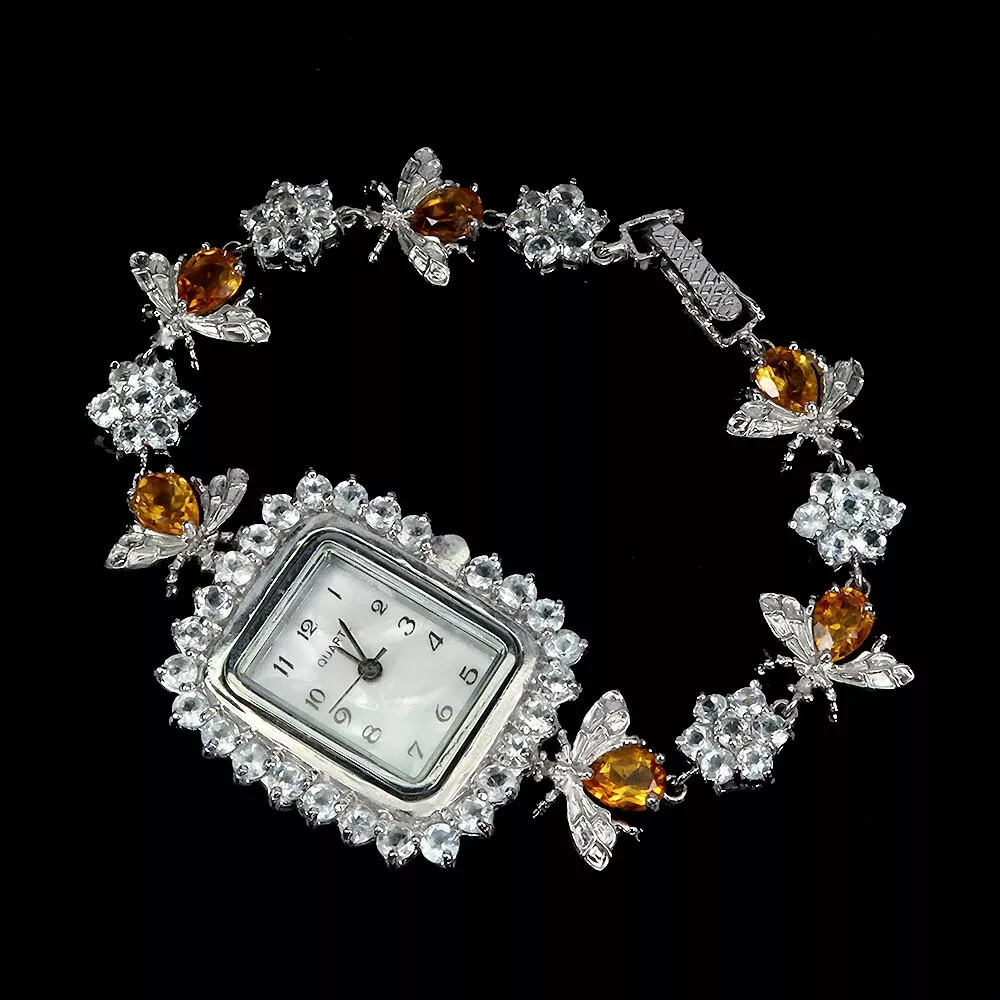 Silver Watch Aquamarine Citrine Genuine Natural Gems Solid Sterling Bee Design
