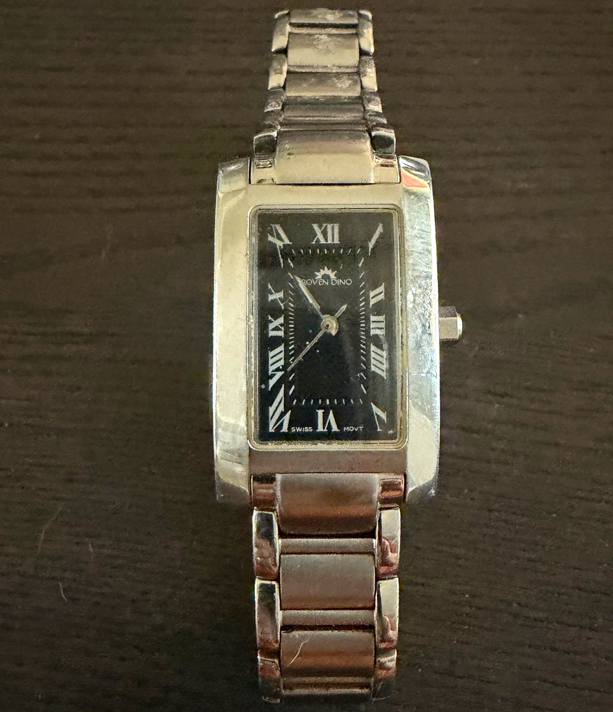 Roven Dino Rectangular Quartz Watch Black Dial Silver Bracelet, model no. 6006L