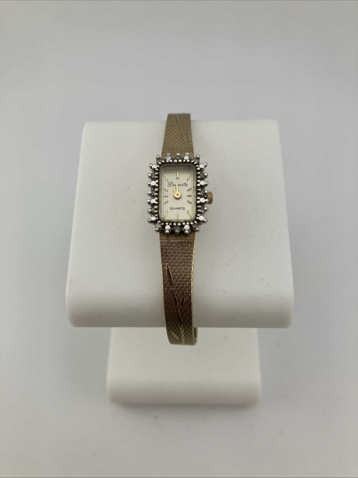 Vtg Deauville Ladies 13mm Watch Gold Tone Tank Diamond Bezel Adjustable -RUNS