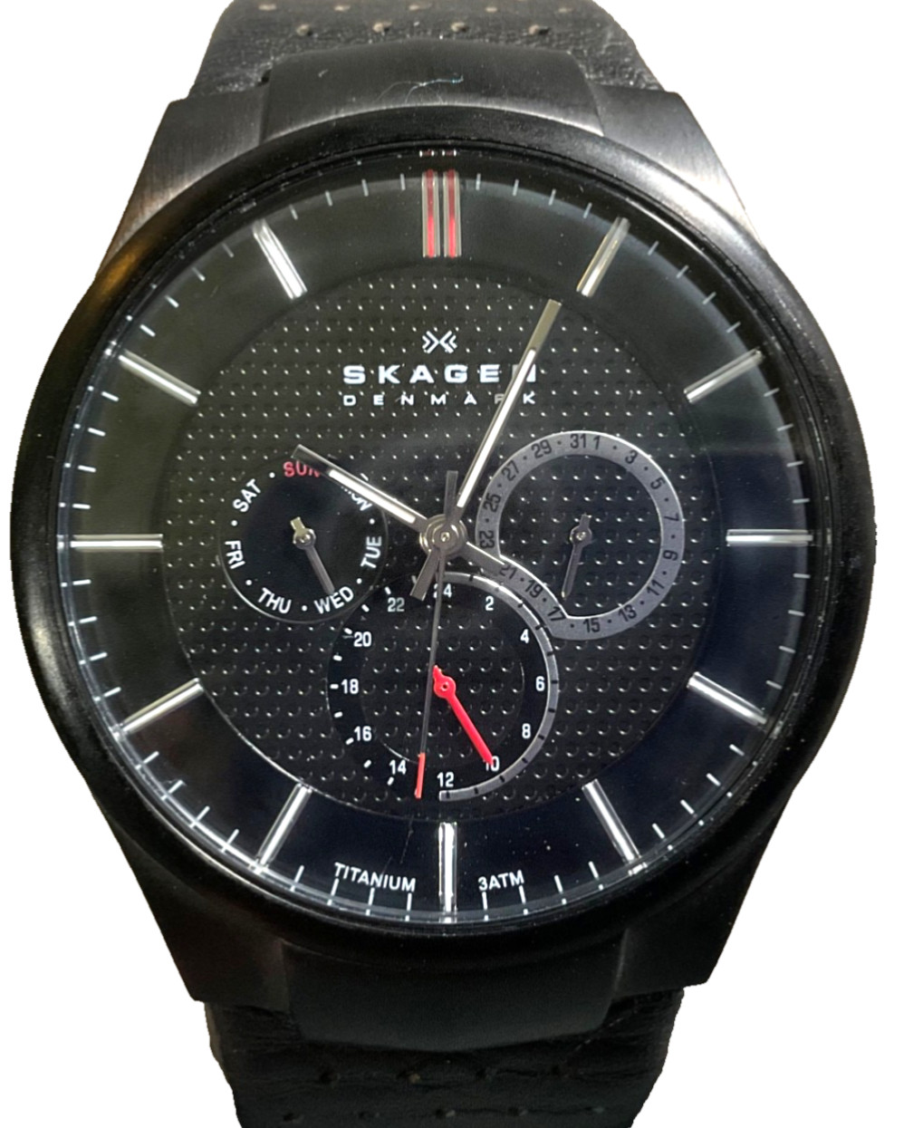 SKAGEN 809XLTBLB TITANIUM MULTIFUNCTION BLACK DIAL LEATHER WATCH NEW BATTERY