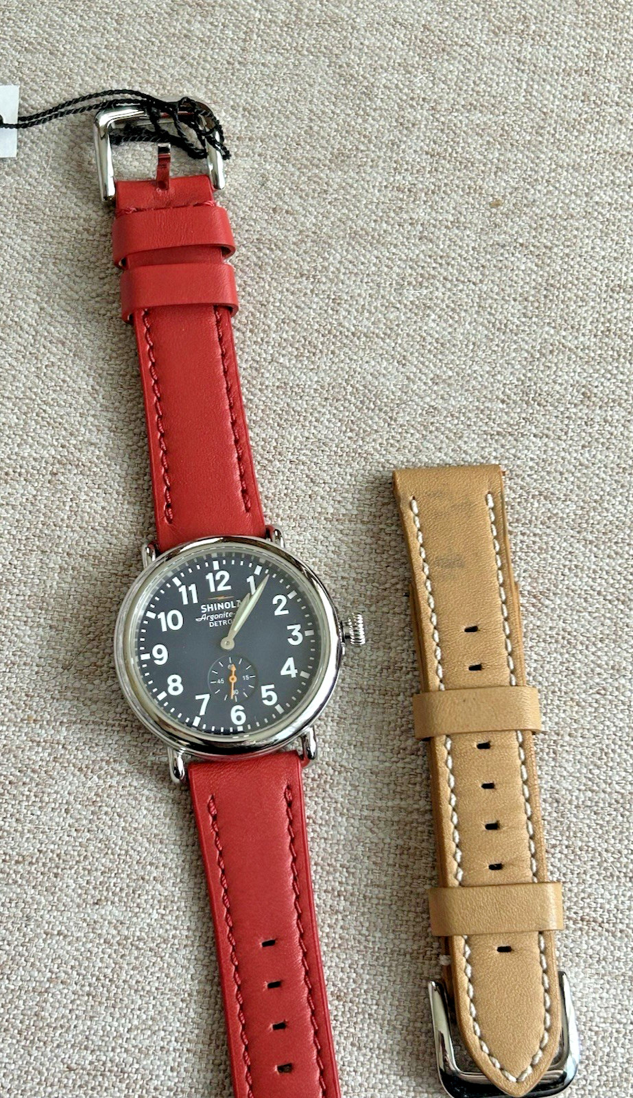 SHINOLA RUNWELL 41MM WRIST WATCH DARK NAVY BLUE FACE RED CORAL BAND + TAN BAND