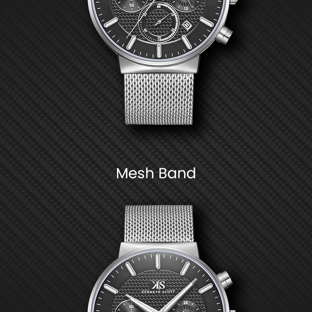 Kenneth Scott Men’s Multi-Function Casual Watch | Black Dial, Silver Mesh Strap