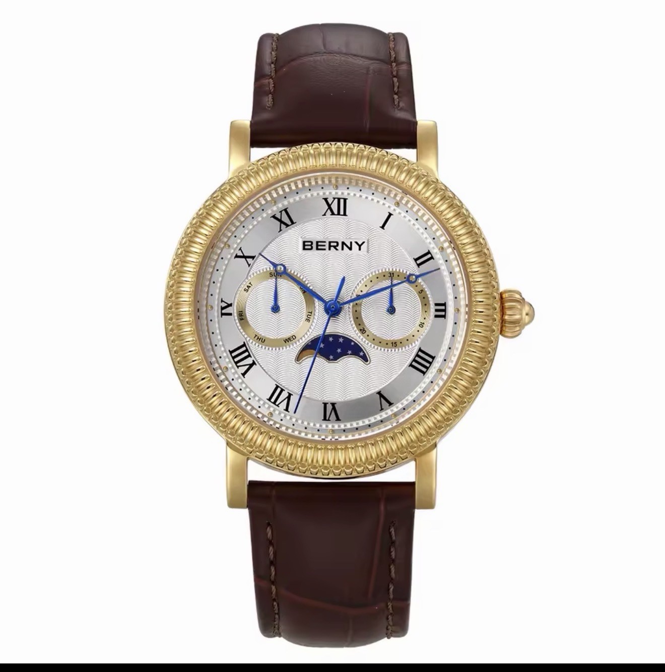 Berny 2262M Classic Moonphase – 40mm Gold Tone – Miyota Quartz – NEW