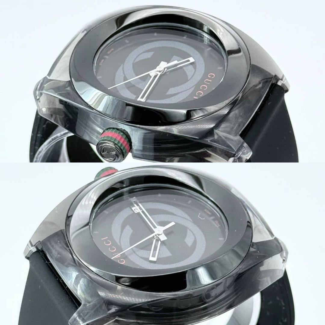 Gucci 137.1 Sync Quartz Black Dial Date Leather Strap Mens Watch Auth