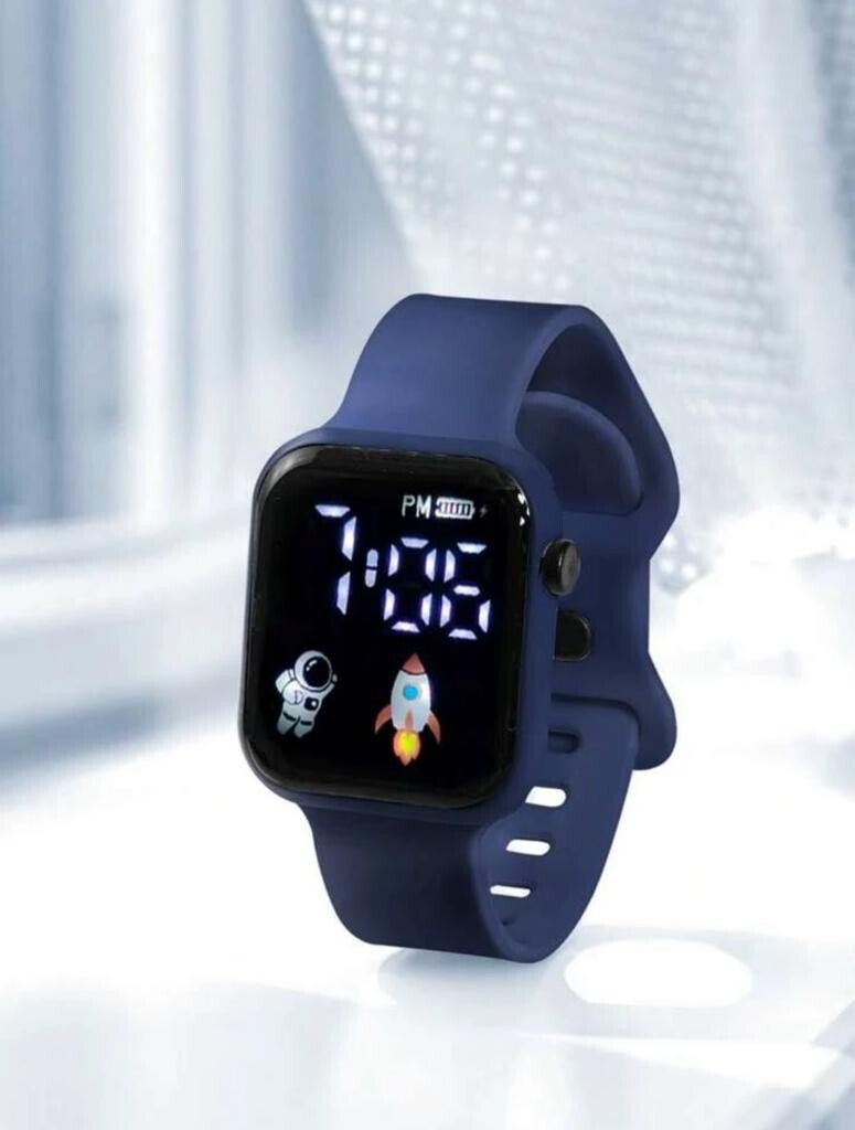Kids TPU Strap Sporty Rocket & Astronaut Pattern Square Dial Digital Watch