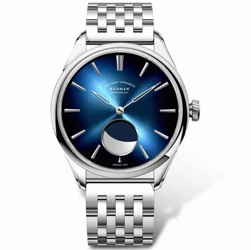 Borman Automatic Watch Mens Moon Phase Mechanical Sapphire Crystal 50M WR