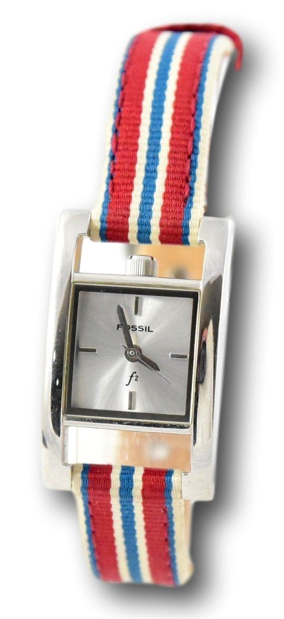 Fossil Women’s 17mm Silver Square Dial Red White & Blue Leather Band ES9607