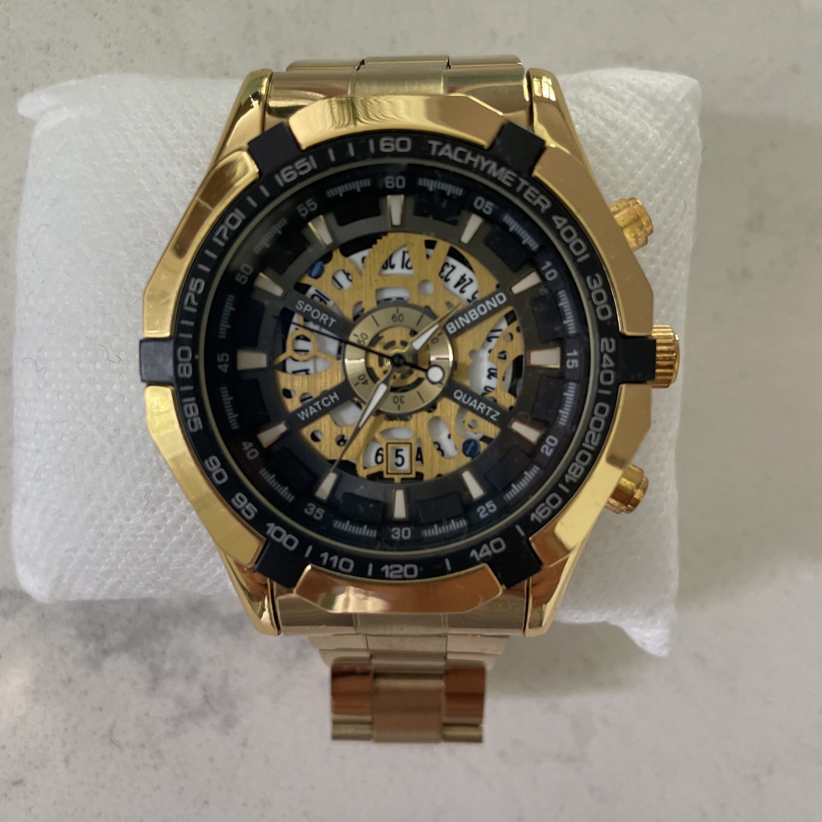 Forsining Mens Watch 46mm Gold Tone Skeleton Dial Automatic Tachymeter 8.25″