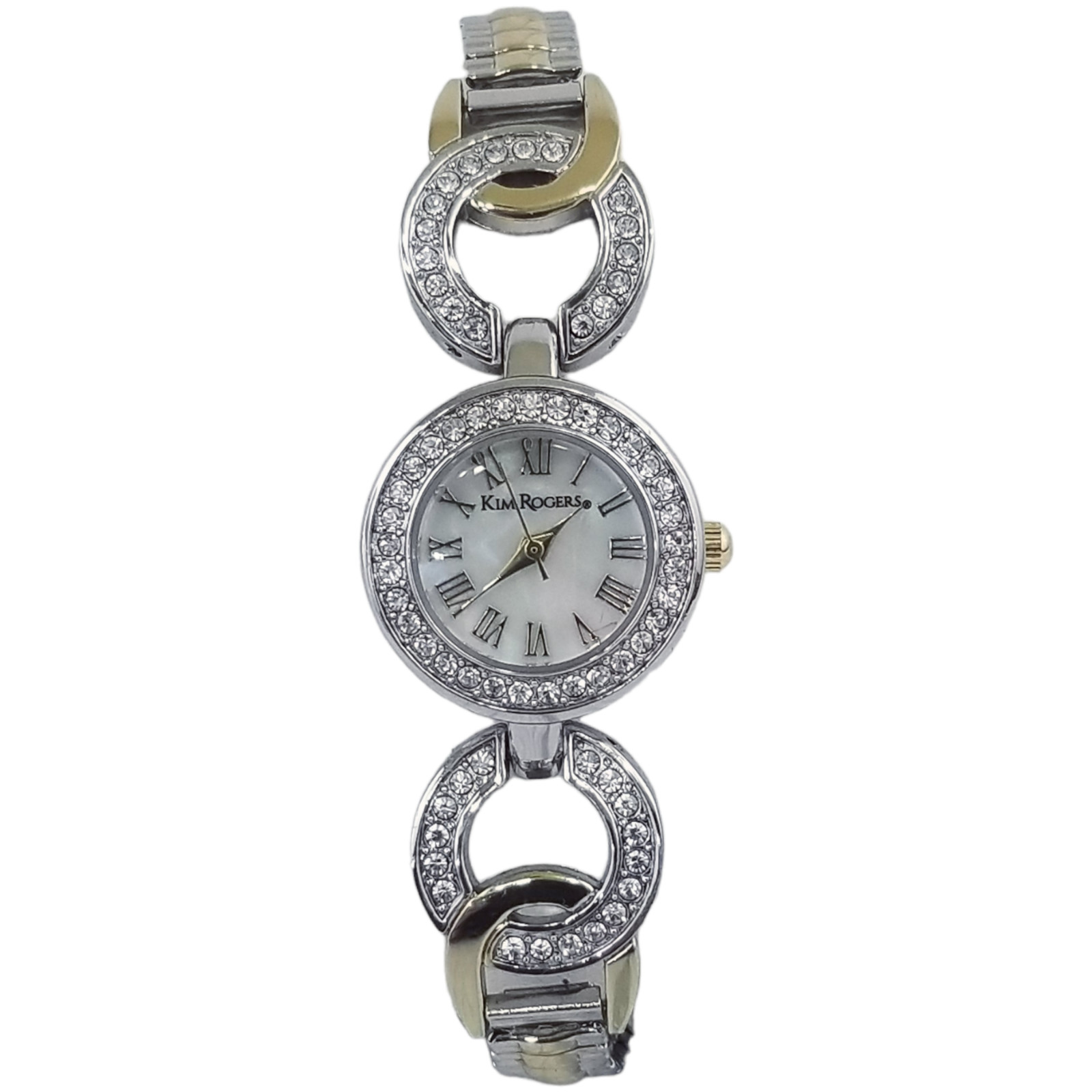 Kim Rogers Mother of Pearl Dial Watch Round Rhinestone Loop Stretch Bracelet