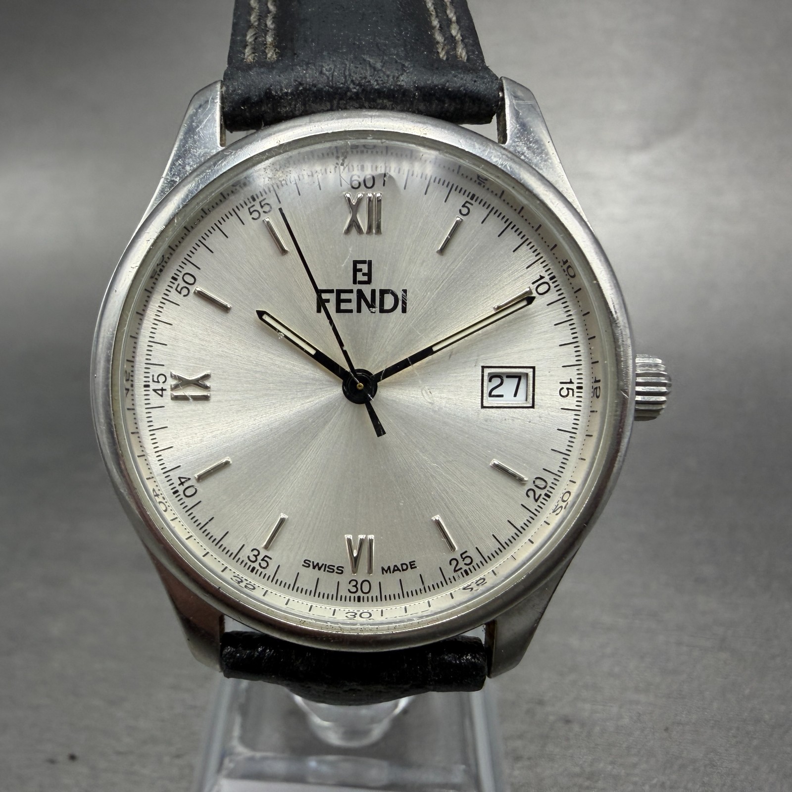 Fendi Orologi Watch Men 35mm Silver Dial Silver Tone Date Round 210G New Batt