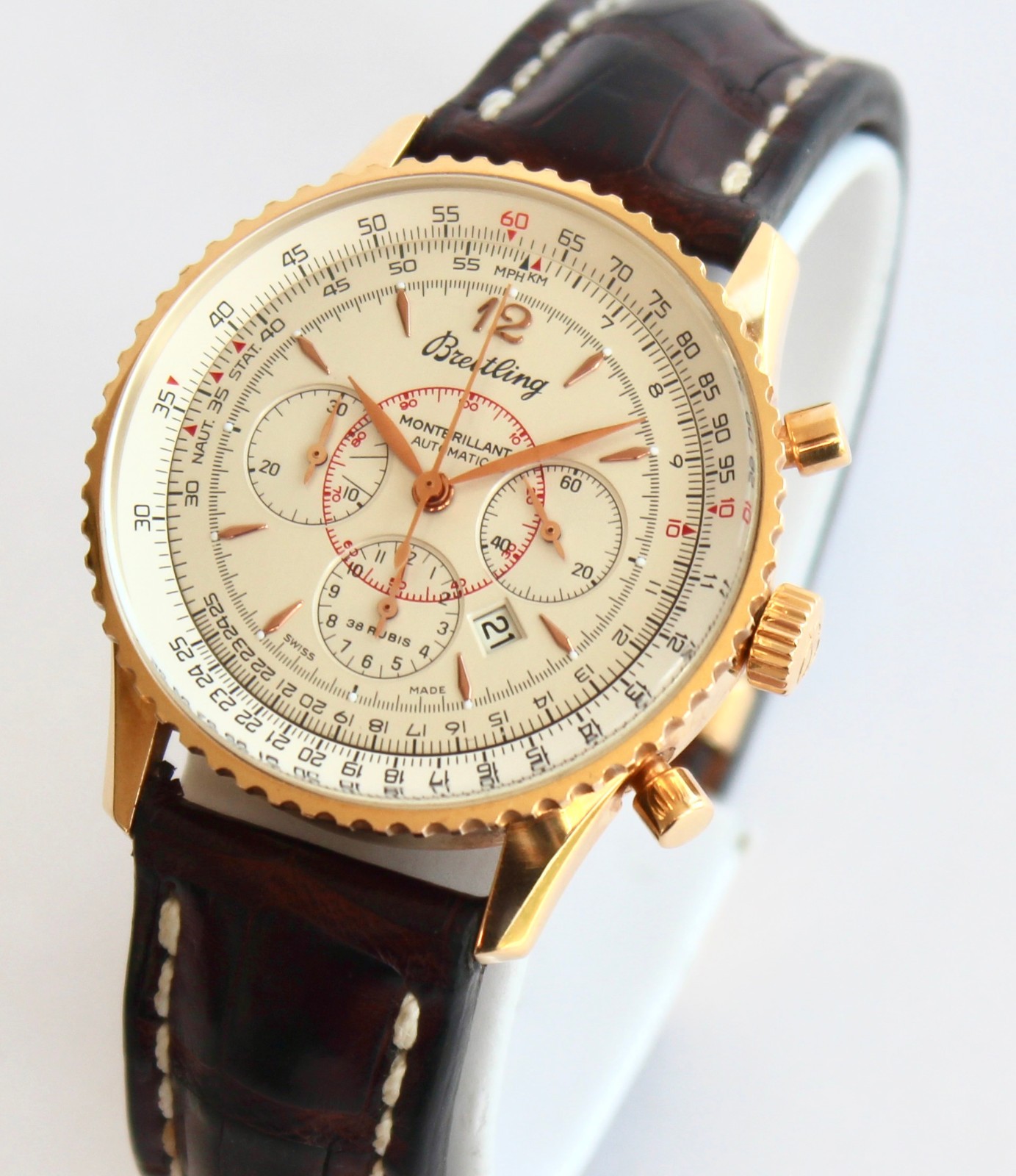 BREITLING Watch SOLID GOLD H41330 NAVITIMER MONTBRILLANT, DEPLOYMENT CLASP, WOW!