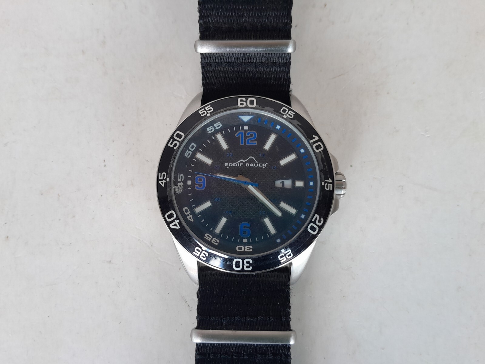 Eddie Bauer Mens Watch – Chunky Black & White Blue – Nylon Wristband 10ATM/100m