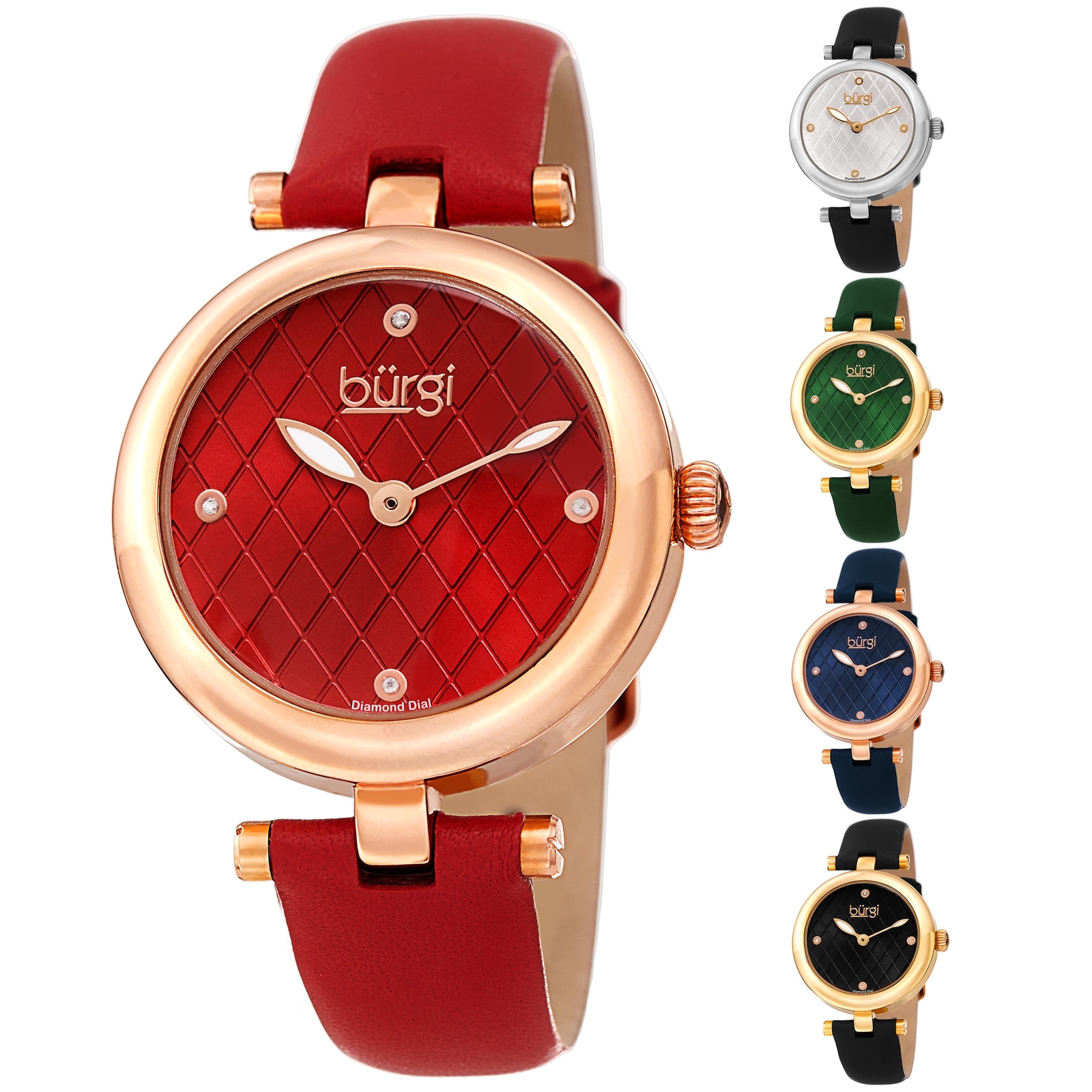 Women’s Burgi BUR196 Diamond Markers Argyle Pattern Dial Leather Strap Watch