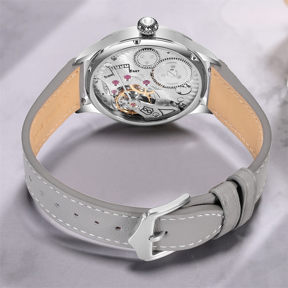 SEAKOSS Manual Wind Mechanical Watch Orange Roman Dial Small Seconds Gray Leathe