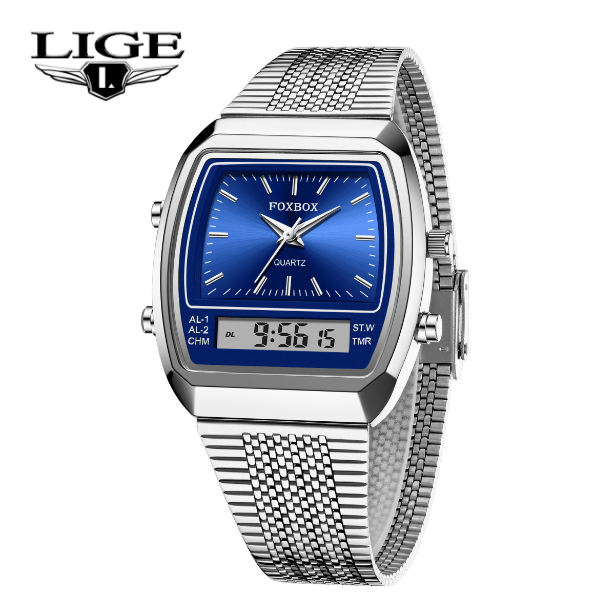 LIGE Men Watch Stainless Steel LED Digital Quartz Business Wristwatch Waterproof