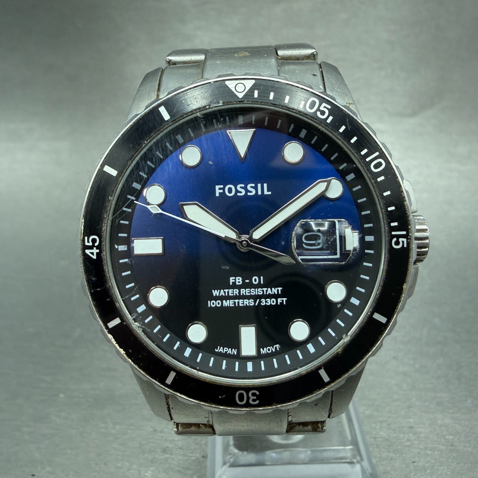 Fossil FB-01 Dive Watch Men 42mm Blue Dial Silver Tone Date FS5668 New Battery