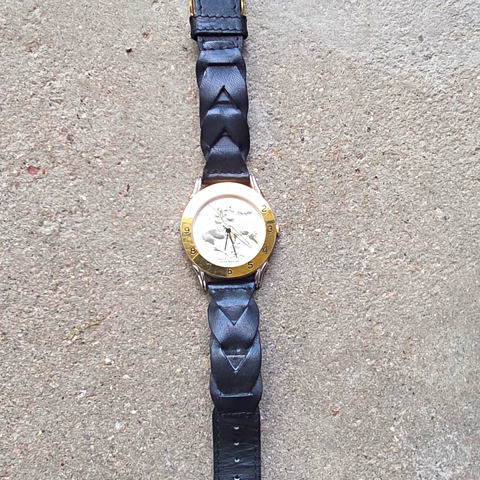 Eagle Quartz Analog Wristwatch, Black Leather Strap, Gold Bezel, White Dial