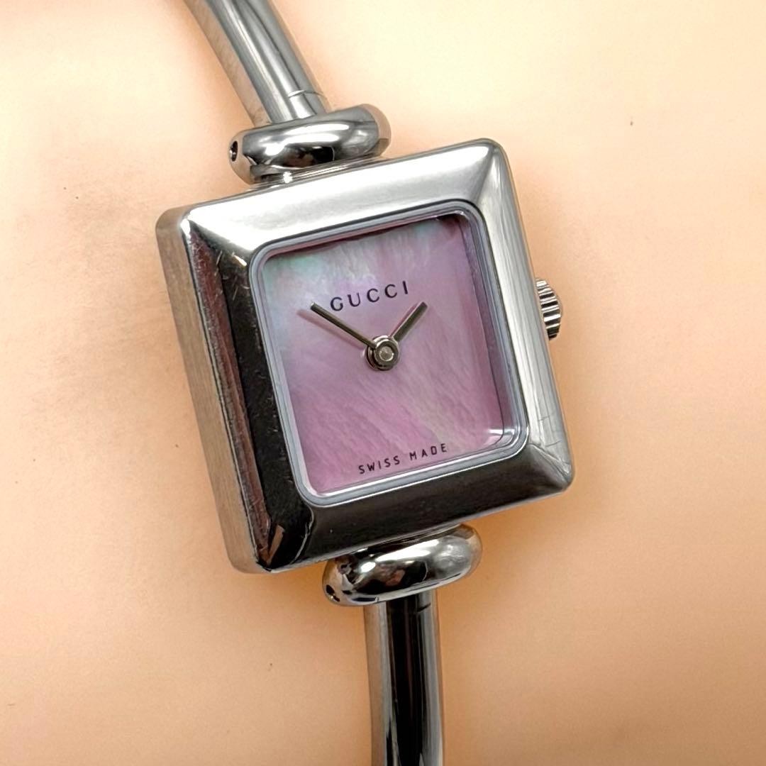 Gucci 1900L Pink Shell Square Bangle Watch Japan Quartz Working 0713265
