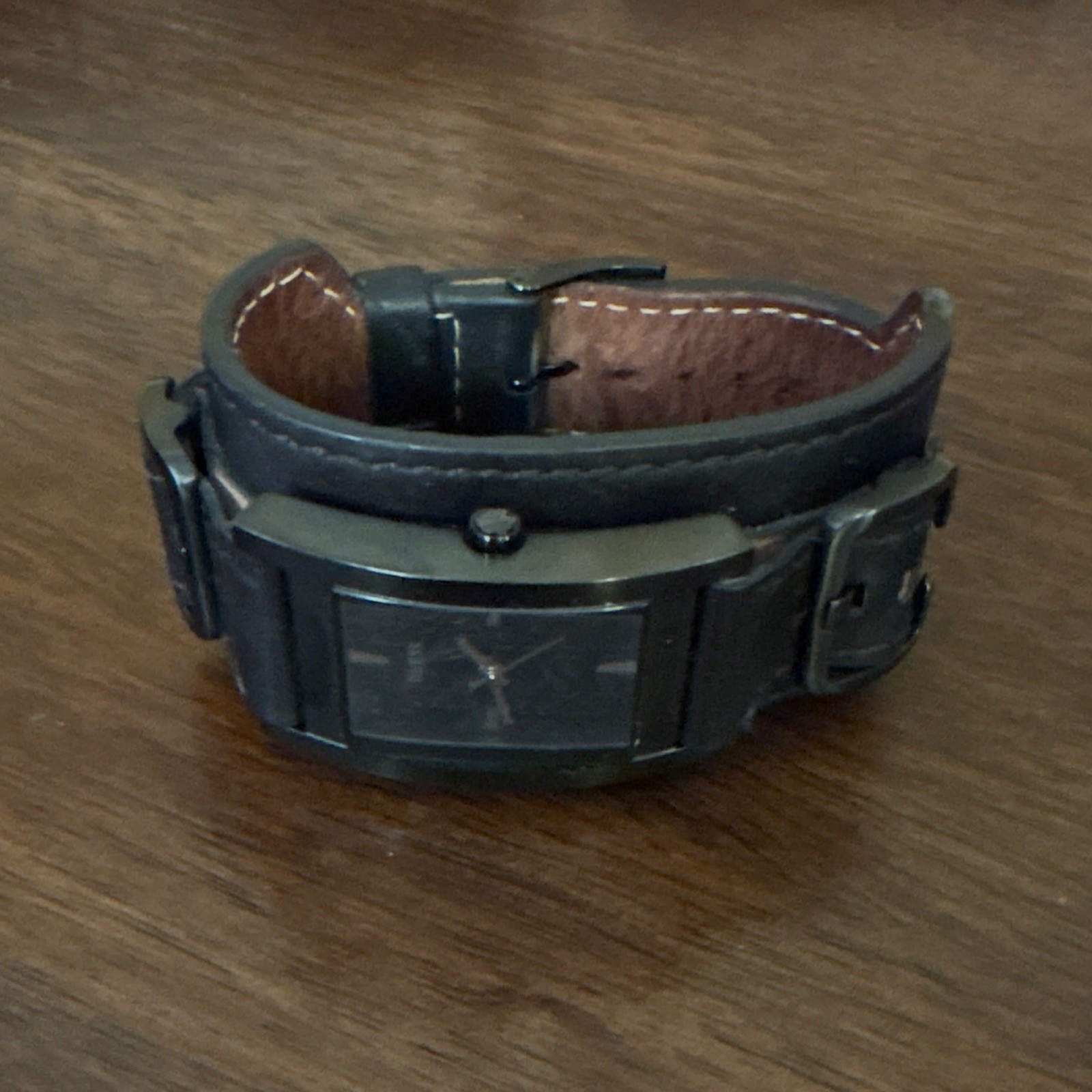 GUESS Black Analog Rectangular Watch Black Dial Stick Index Black Leather Strap