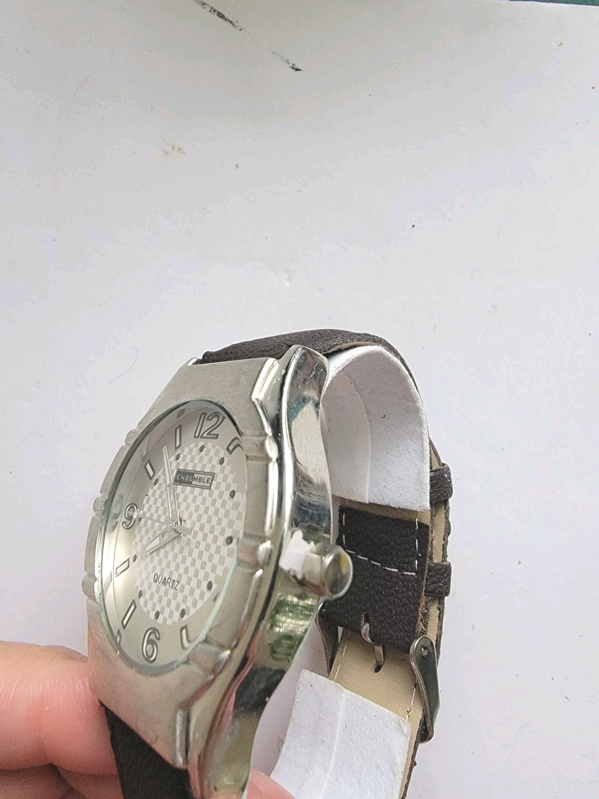 Ensemble Men’s Quartz Watch, Silver Tone Case, Checkered White Dial, Black…