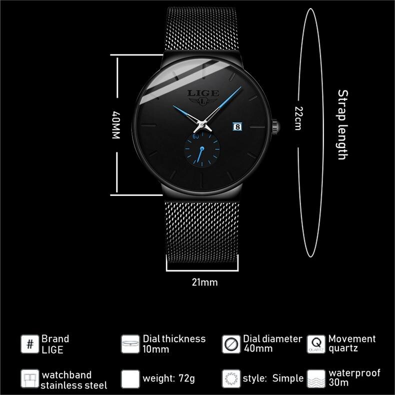 Ultra-thin Men Quartz Watch Stainless Steel Date Waterproof Casual Wristwatch