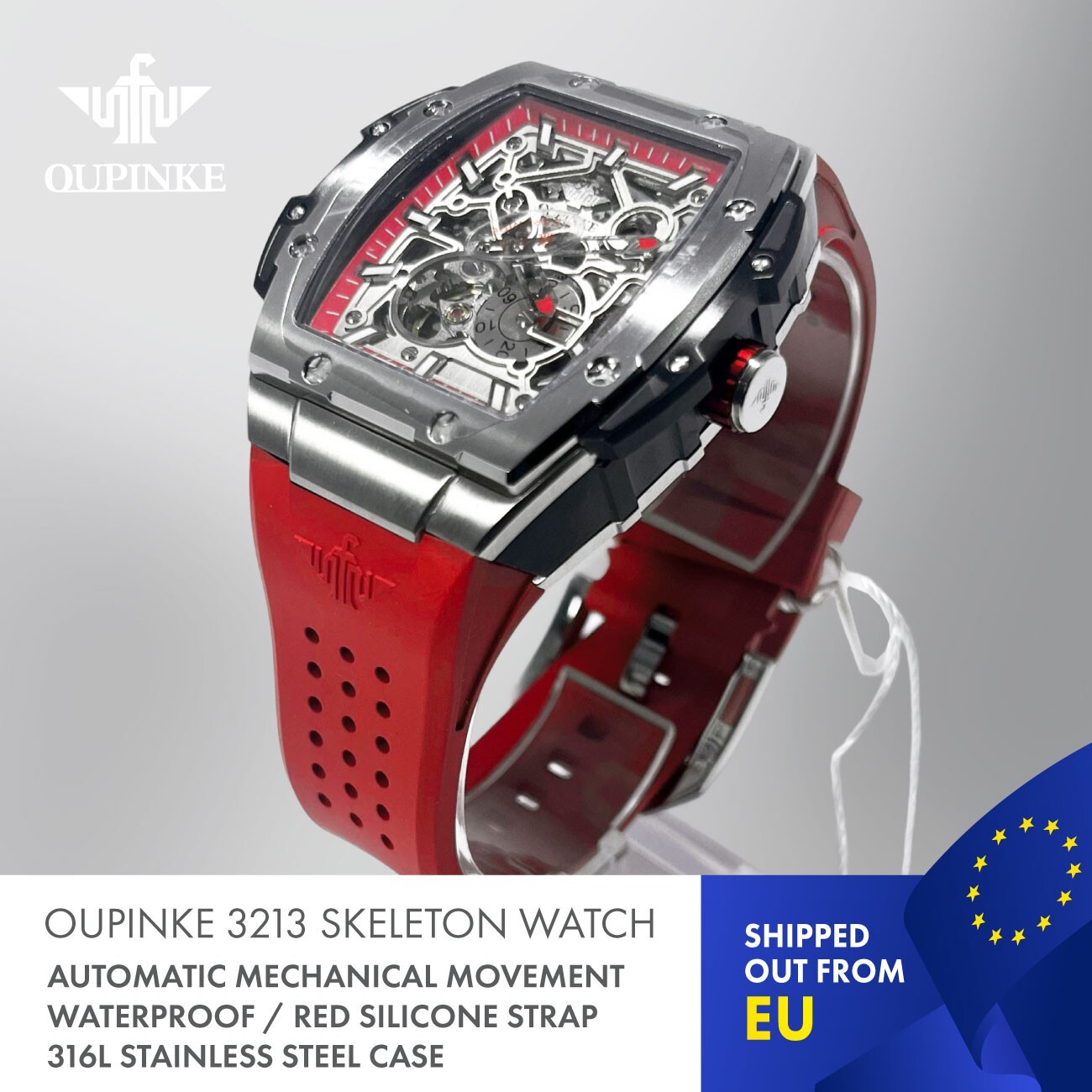OUPINKE 3213 Skeleton Automatic Mechanical Waterproof Watch . Red edition.