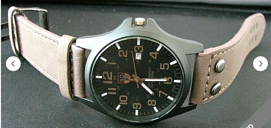 SOKI Men’s Date watch with battery powered quartz movement and Leather bracelet.