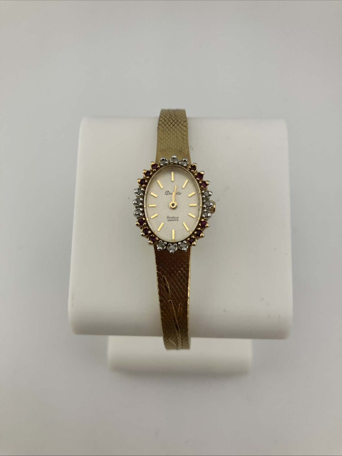 Vtg Deauville Ladies 16mm Watch Gold Tone Dark Red Ruby & Diamond Bezel – RUNS