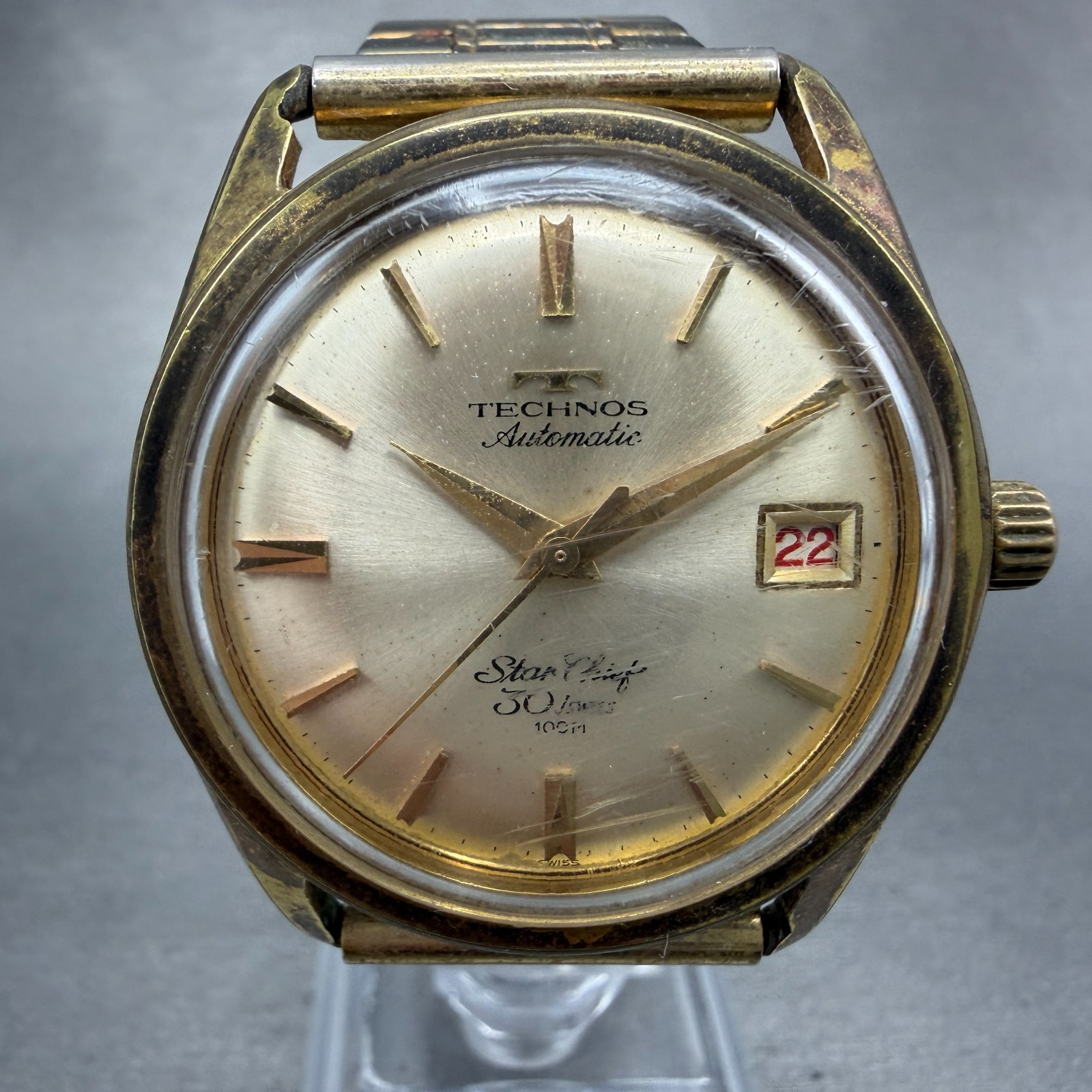 Technos Star Chief Automatic Watch Men 36mm Champagne Dial Gold Tone Date Runs