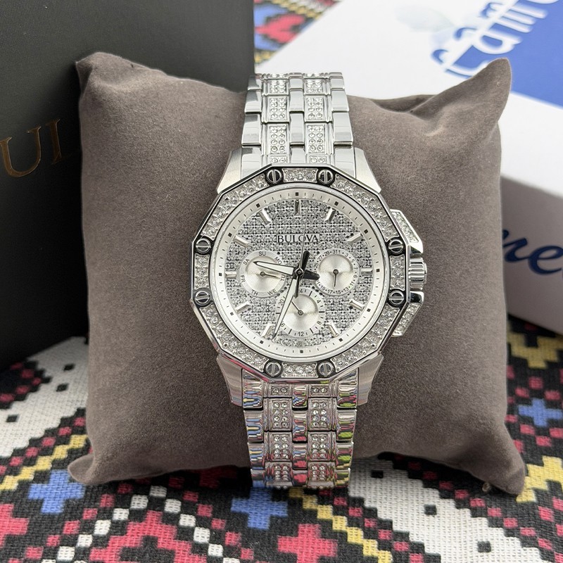 Bulova Men Crystal Octava 98C134 Silver White Dial Diamond Quartz Watch 41.5mm