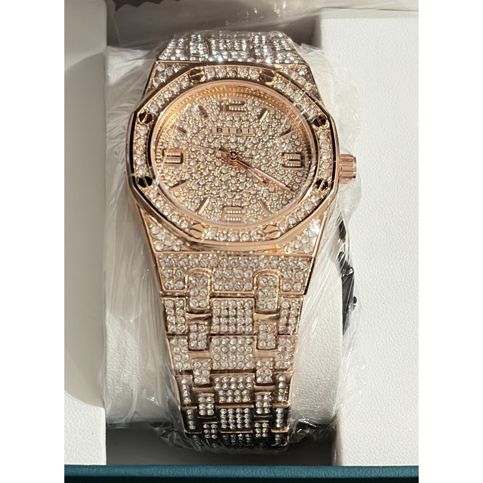 BIBI Luxury Diamond Pattern Octagon Rose Gold Wristwatch Gemstone Markers