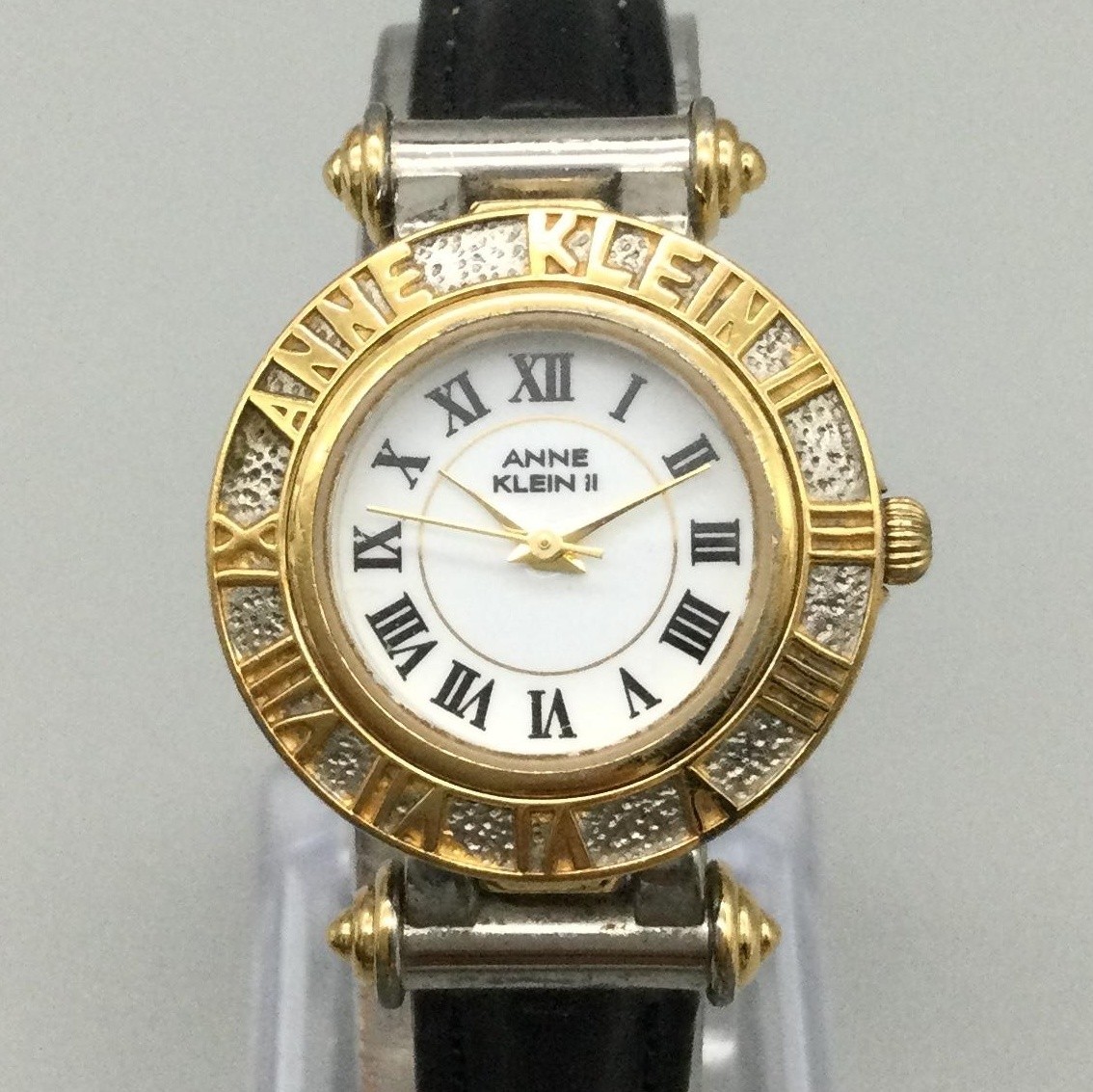 Anne Klein Womens Watch 26mm White Dial Gold Tone Black Leather New Battery